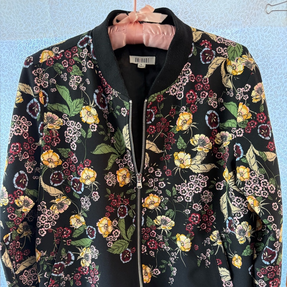 Women’s One Hart Floral Black Bomber‎ Jacket - Size L
